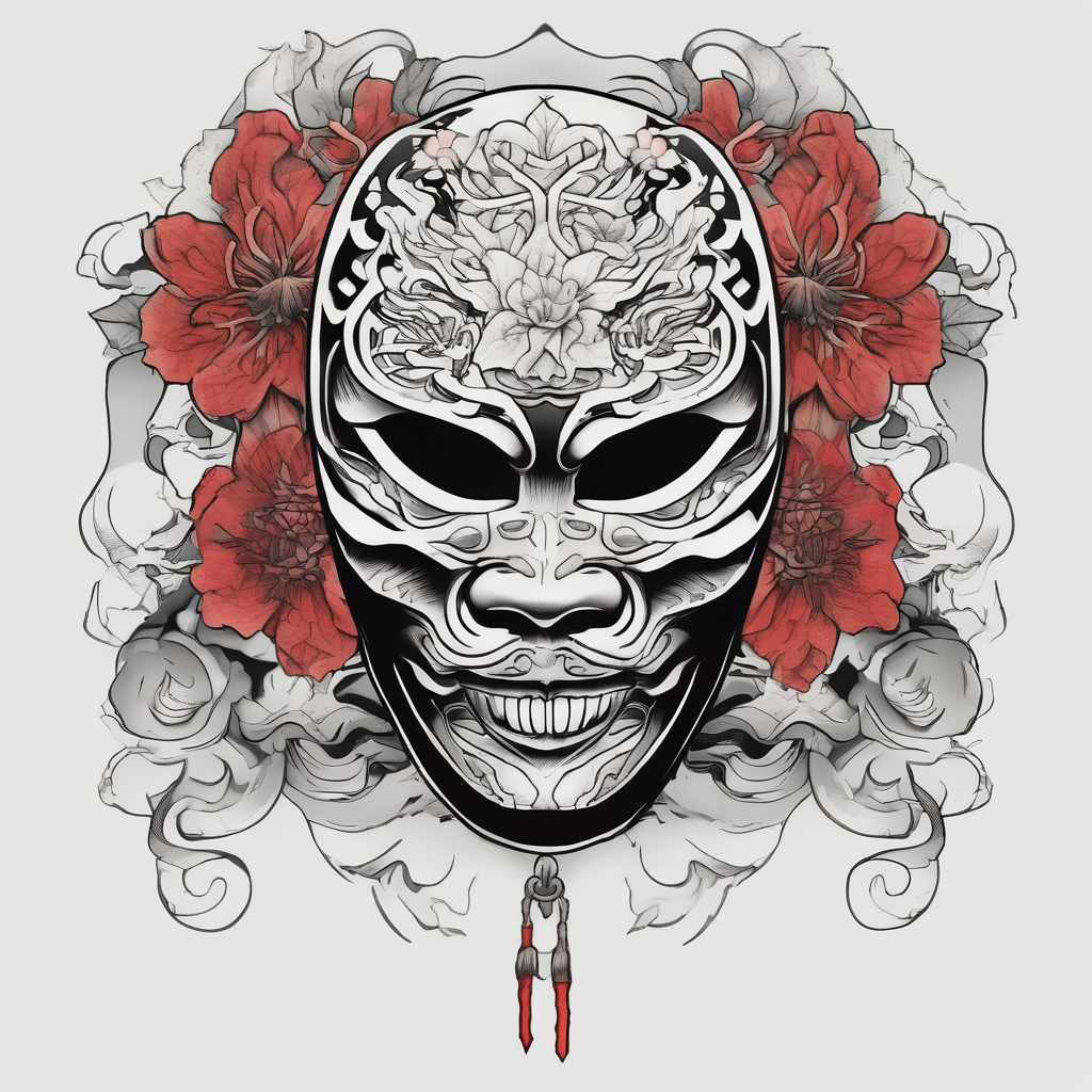 Japanese mask, which is covered with flowers of death according to Japanese mythology angel-of-death(AIが生成した和彫りスタイルのタトゥーデザイン)