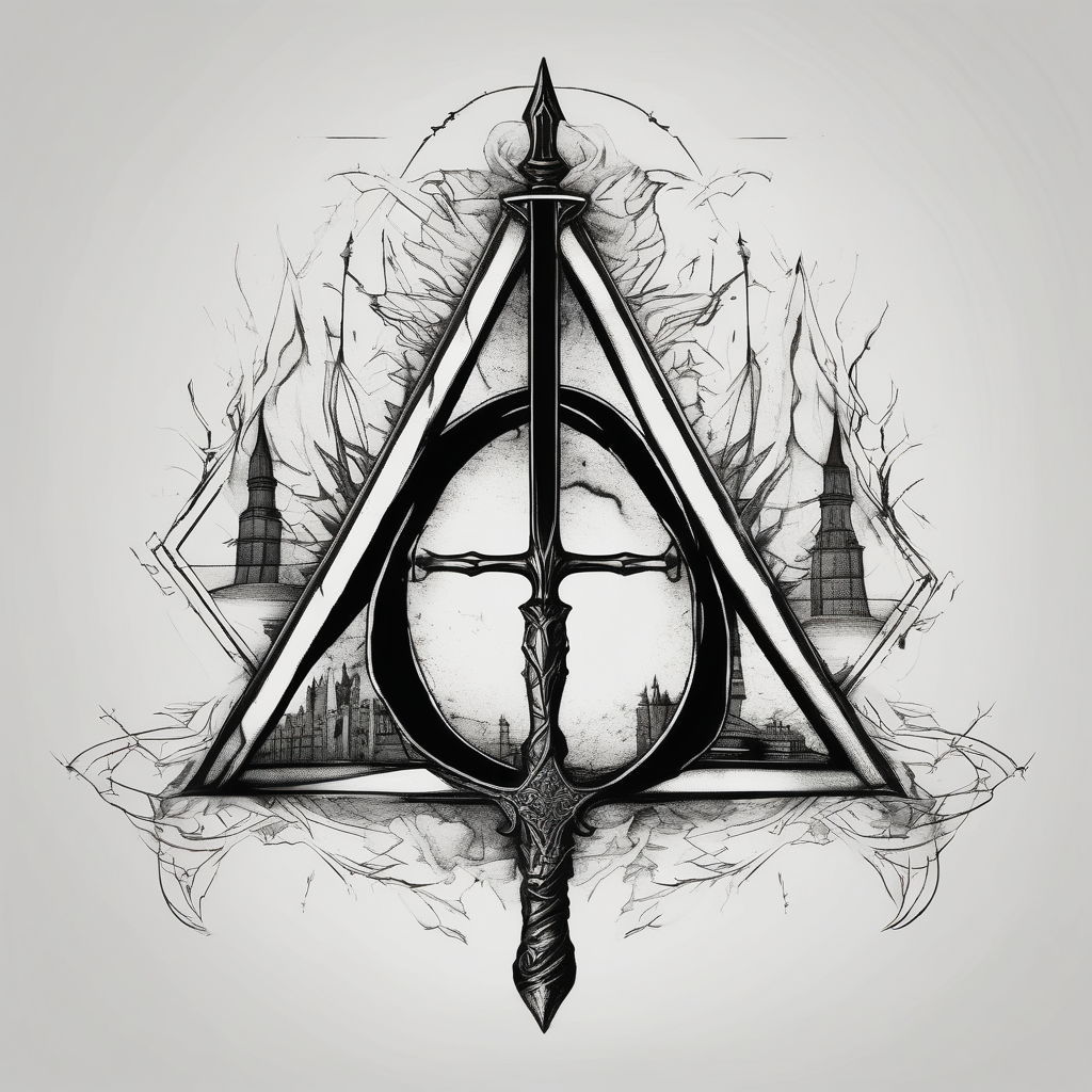 deathly hallows symbol from harry potter with a sword in the middle angel-of-death, diseño de tatuaje Surrealista generado con IA