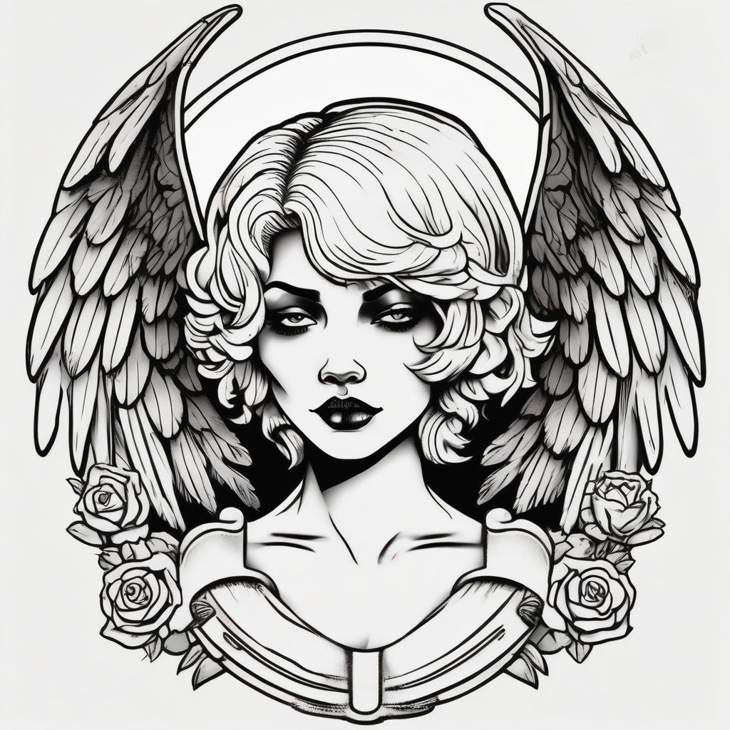 Angel with short hair holding headstone infront of her with large wings angel-of-death, diseño de tatuaje Old school generado con IA