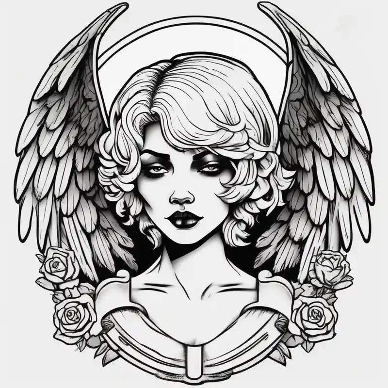 Angel with short hair holding headstone infront of her with large wings – Old school, Blanco y negro