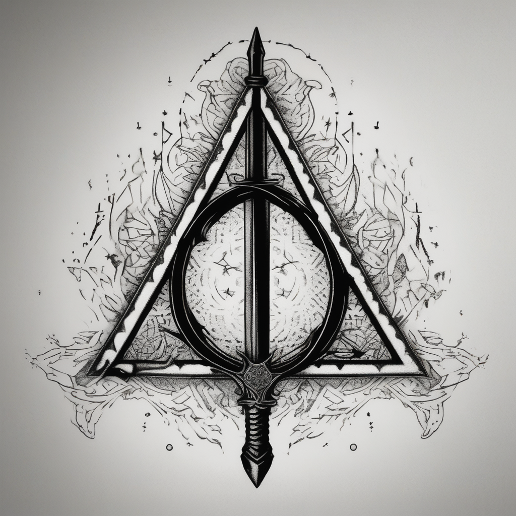 deathly hallows symbol from harry potter with a sword in the middle angel-of-death, diseño de tatuaje Dotwork generado con IA