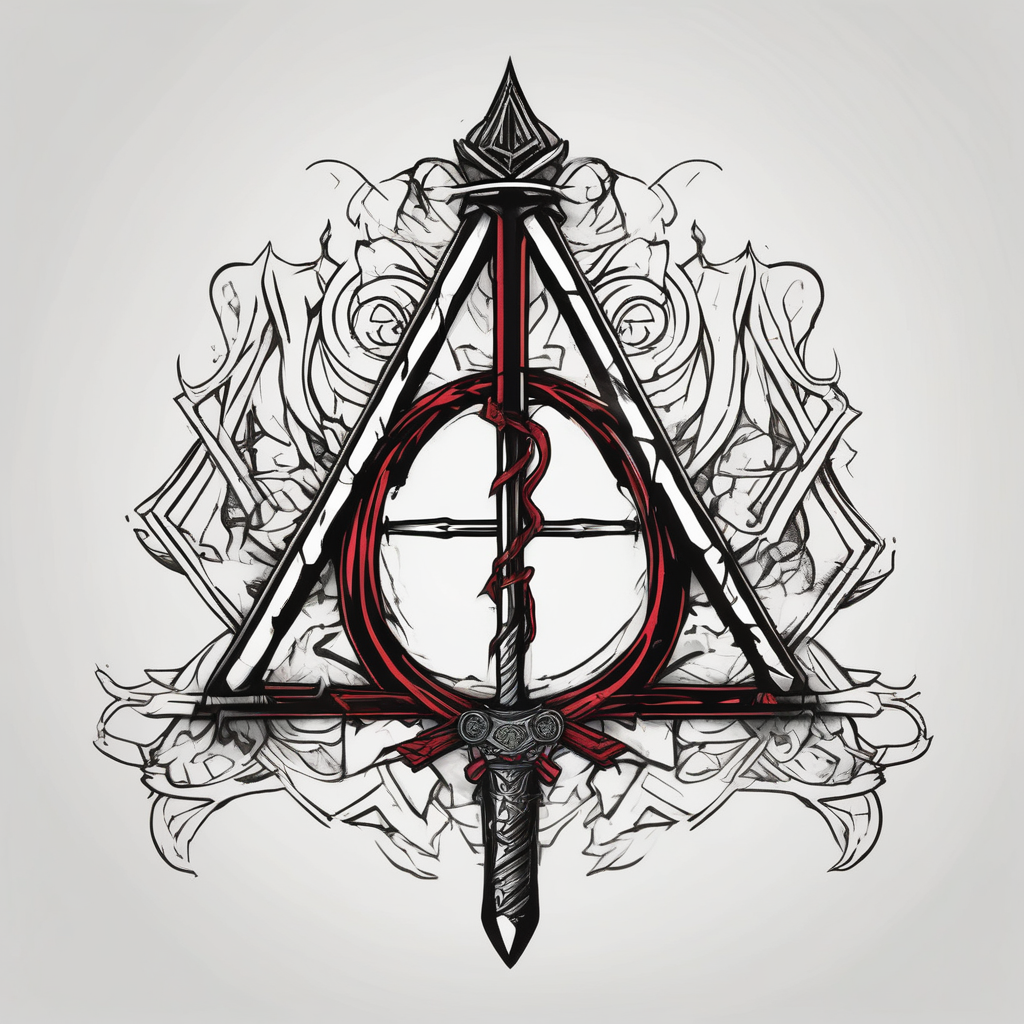 deathly hallows symbol from harry potter with the gryffindor sword in the middle angel-of-death, diseño de tatuaje Cartoon generado con IA