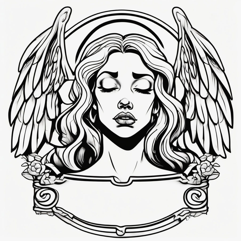 Beautiful woman angel crying over a tombstone angel-of-death, diseño de tatuaje Cartoon generado con IA