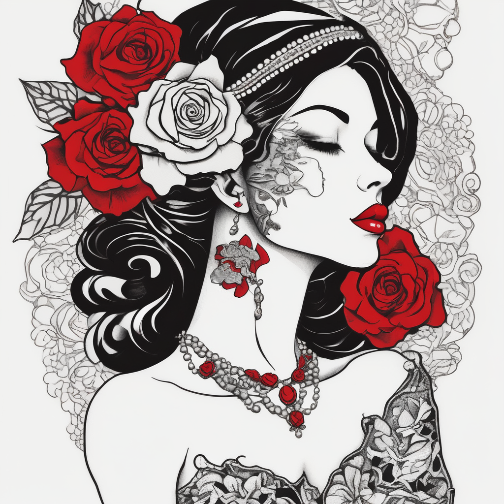 Black and white profile of woman with chin pressed on hand, hate with lace covering her eyes, pearl necklace in her mouth with red lips flowers around her with one red rose standing out april-birth-flower, design de tatouage Noir et blanc généré par IA