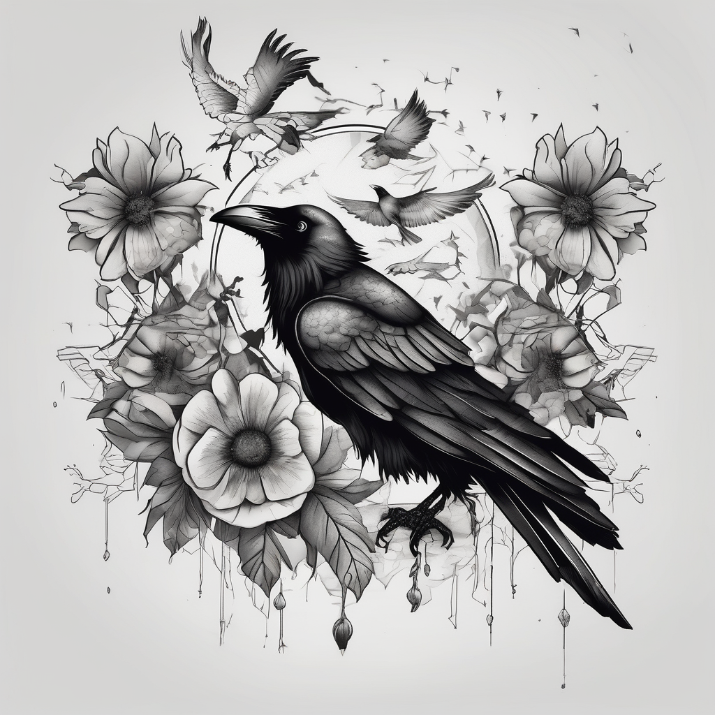 crows w flowers april-birth-flower, design de tatouage Noir et blanc généré par IA