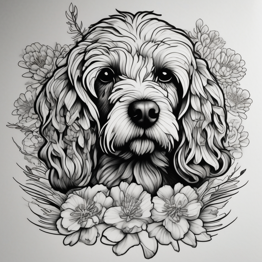Cockapoo surrounded by fennel flowers april-birth-flower, design de tatouage Réaliste généré par IA