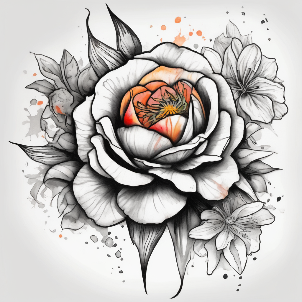 a colorful, vibrant, watercolor tattoo with one red rose, one orange lily, one gold marigold, and one orange cosmos flower and with splashes of color april-birth-flower, design de tatouage Noir et blanc généré par IA