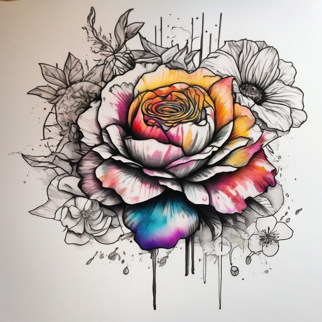 a watercolor tattoo with one rose, one lily, one marigold, and one cosmos flower. Half of it should be black and white and it should transition into rainbow april-birth-flower, design de tatouage Croquis généré par IA