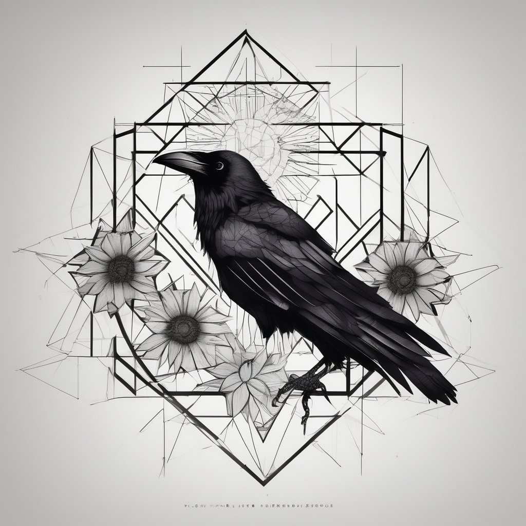 crows w flowers april-birth-flower, design de tatouage Géométrique généré par IA