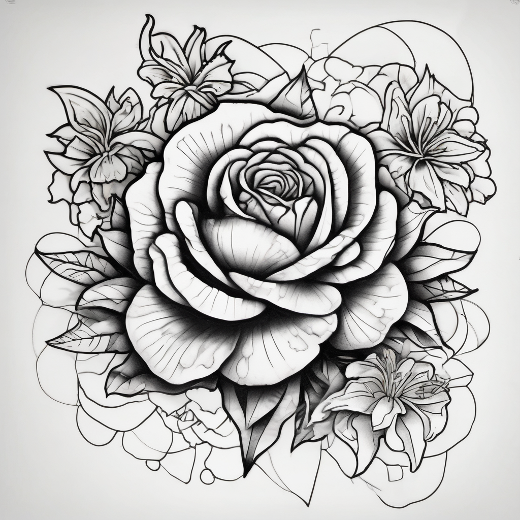 a watercolor tattoo with one rose, one lily, one marigold, and one cosmos flower. Half of it should be black and white and it should transition into rainbow april-birth-flower, design de tatouage Old school généré par IA