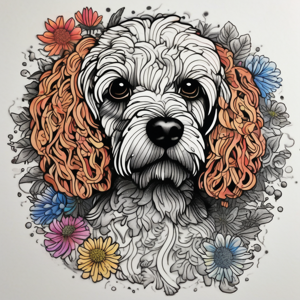 Cockapoo surrounded by fennel flowers april-birth-flower, design de tatouage Dotwork généré par IA