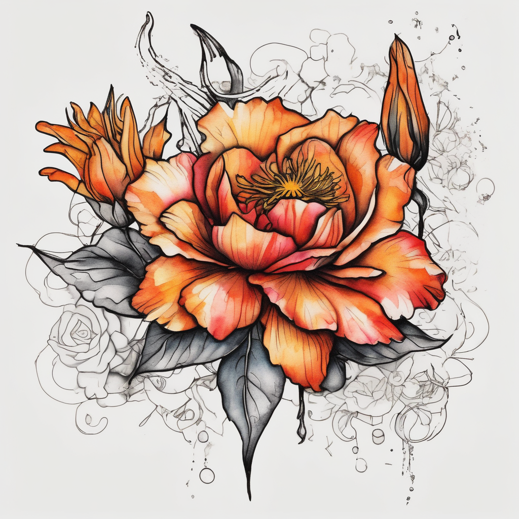 a colorful, vibrant, watercolor tattoo with one red rose, one orange lily, one gold marigold, and one orange cosmos flower and with splashes of color april-birth-flower, design de tatouage Old school généré par IA