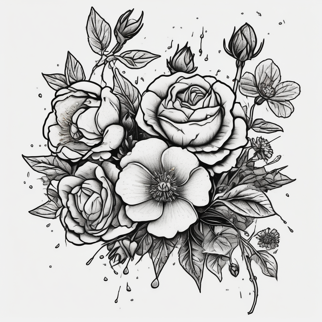 vintage bouquet of wild roses and meadow flowers with morning dew april-birth-flower, design de tatouage Old school généré par IA