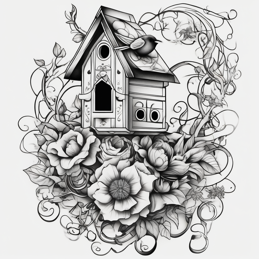 Birdhouse with flower vine april-birth-flower, design de tatouage Surréaliste généré par IA