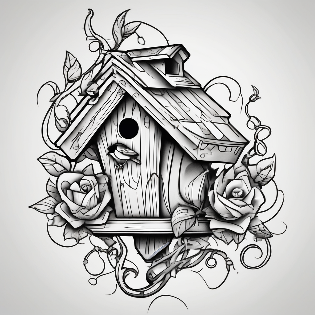 Birdhouse with flower vine april-birth-flower, design de tatouage Cartoon généré par IA
