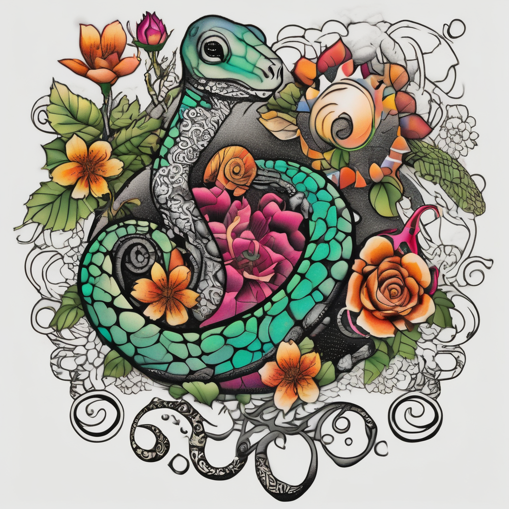 flowers on the vine. Include a snail, turtle, fox, and bear april-birth-flower, design de tatouage Dotwork généré par IA