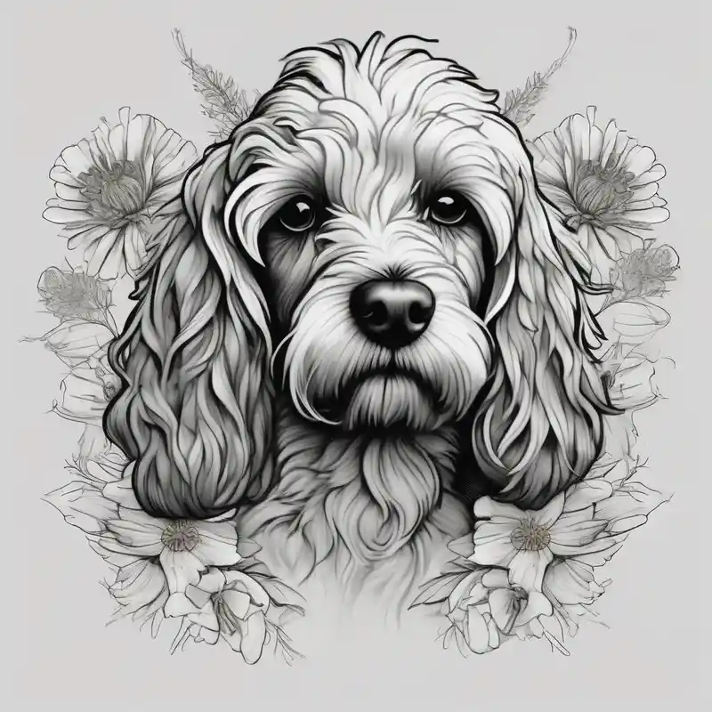 Cockapoo surrounded by fennel flowers make ears longer