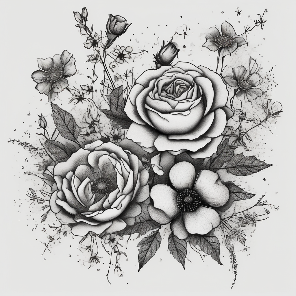 vintage bouquet of wild roses and meadow flowers with morning dew april-birth-flower, design de tatouage Dotwork généré par IA