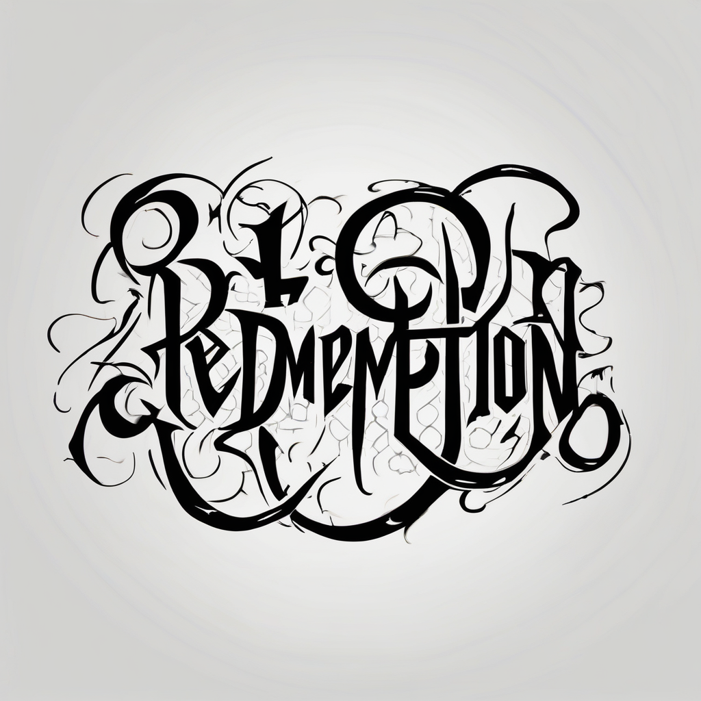 REDEMPTION in handwritten, cursive, bold, gothic arial-bold, diseño de tatuaje Cartoon generado con IA