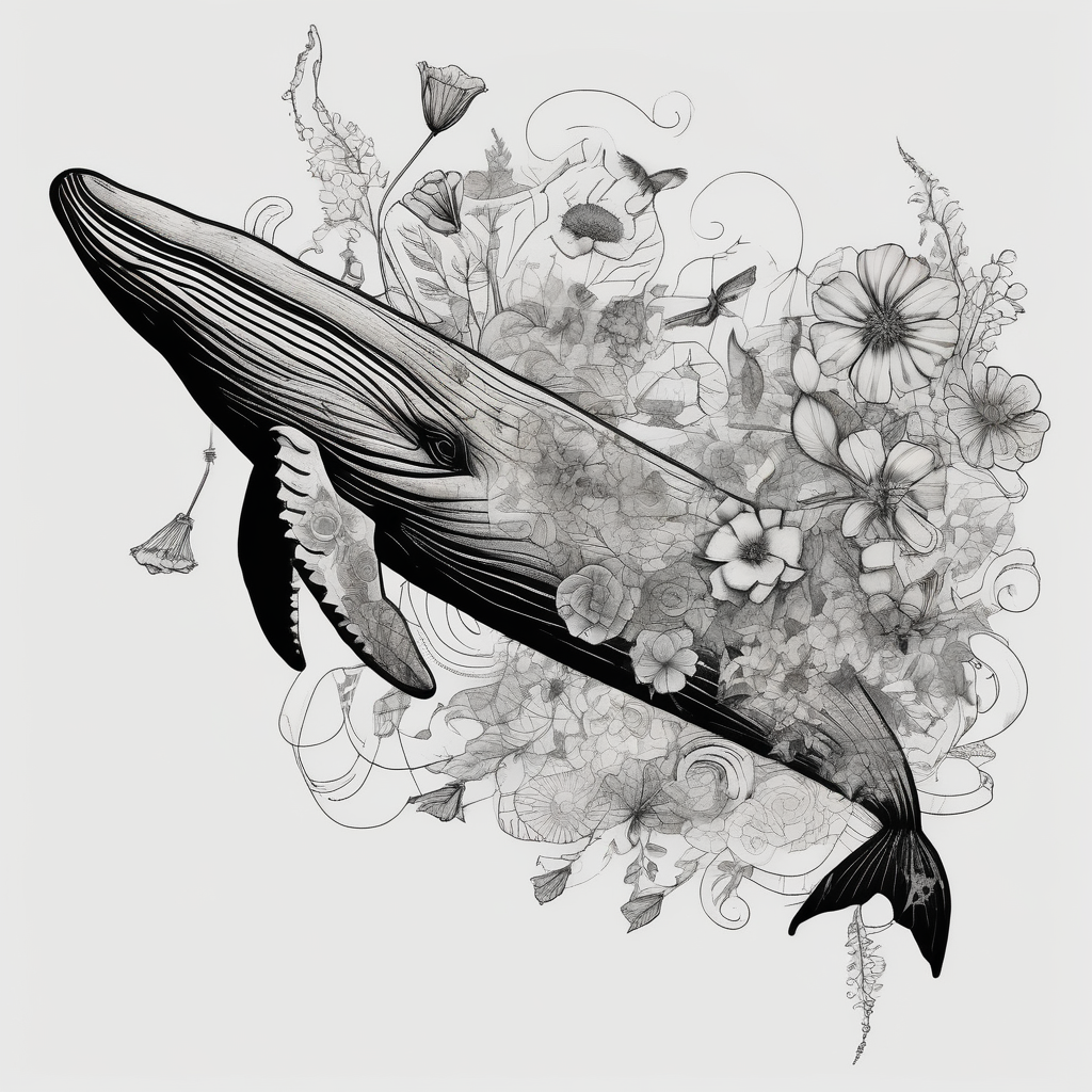 flowers, bold color, collage, blue whale arial-bold, diseño de tatuaje Boceto generado con IA