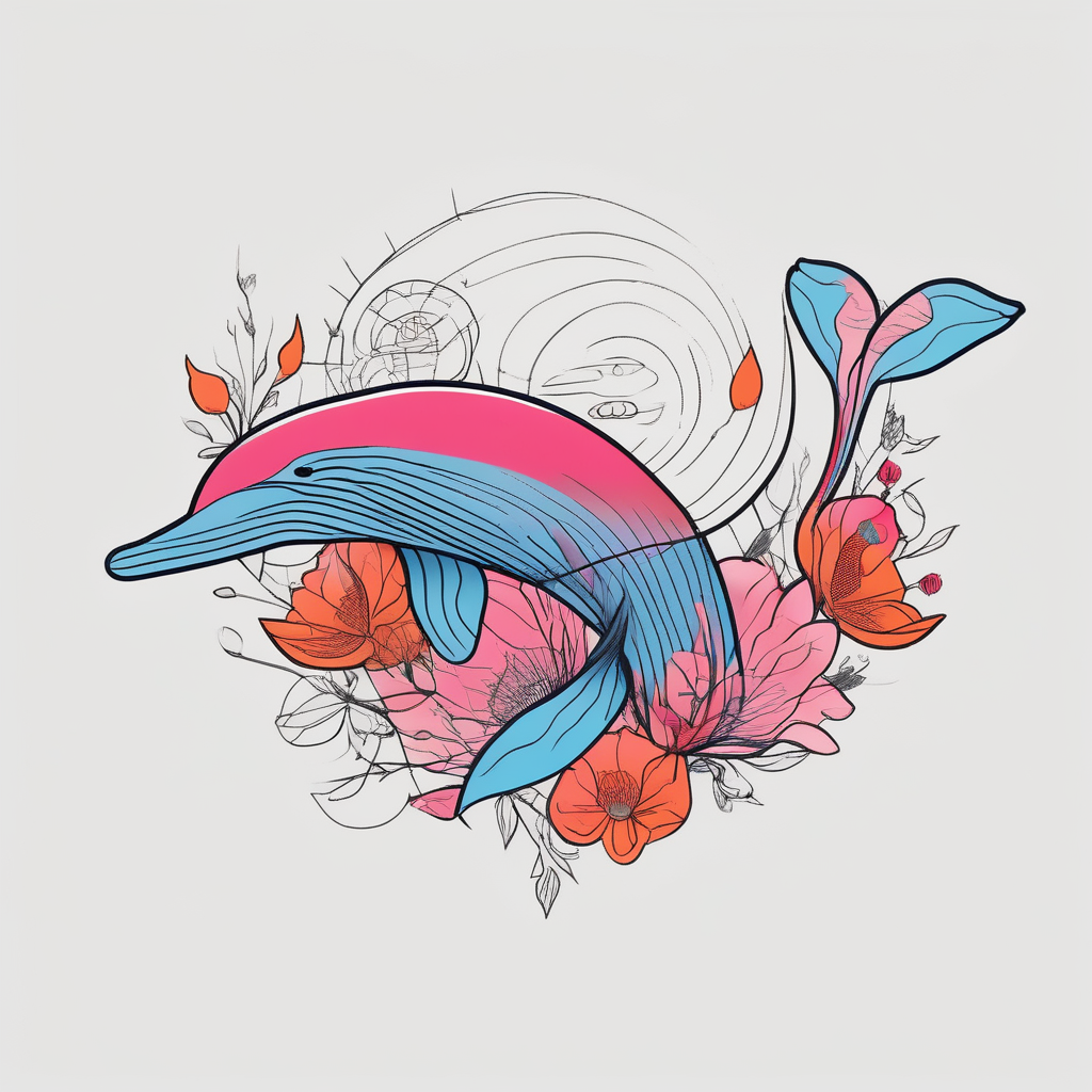 flowers, bold color, collage, pink, orange, red, hot air balloon, blue whale arial-bold, diseño de tatuaje Minimalista generado con IA