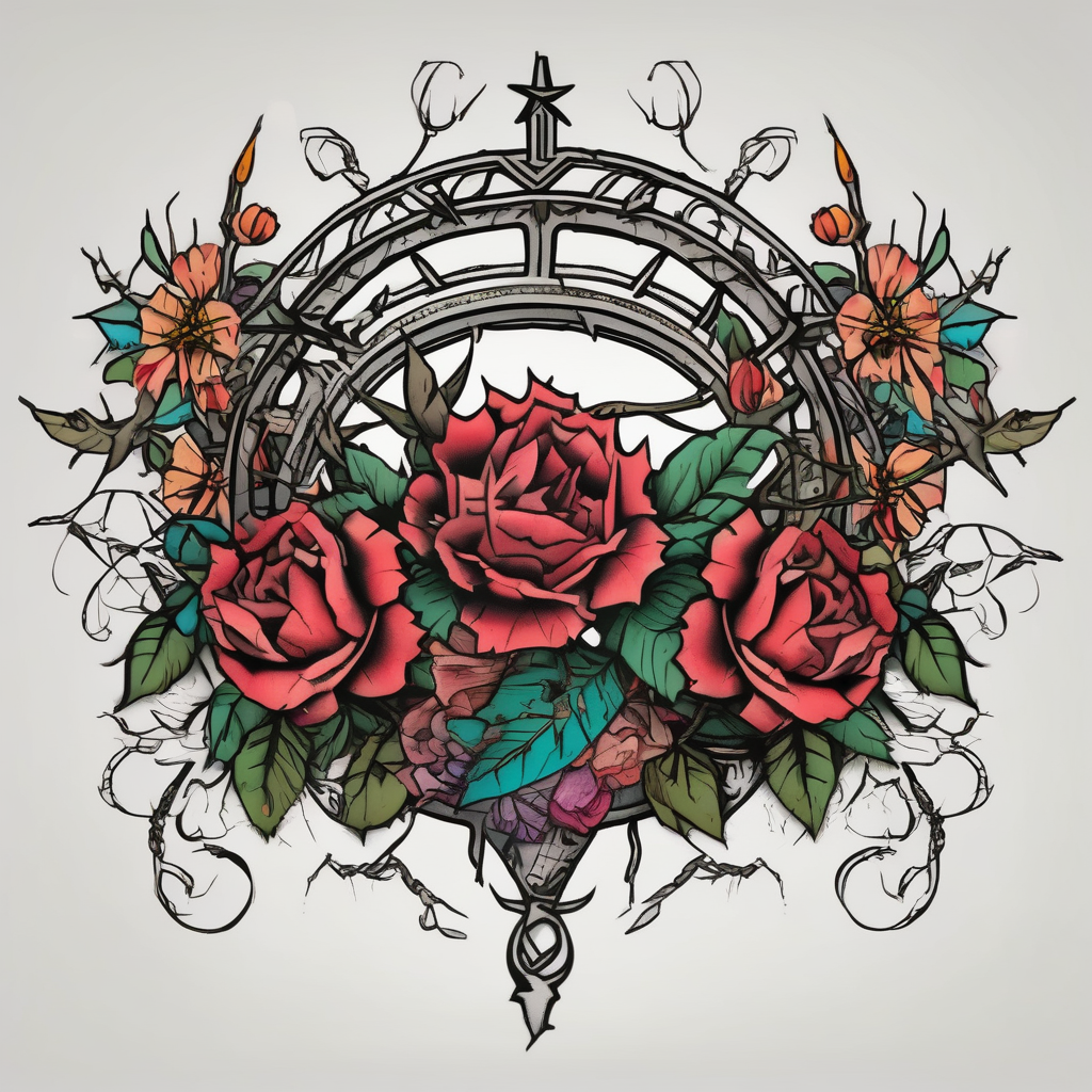crown of thorns old school vintage simple traditional design vintage flowers surrounding crown bold color simple arial-bold, diseño de tatuaje Boceto generado con IA