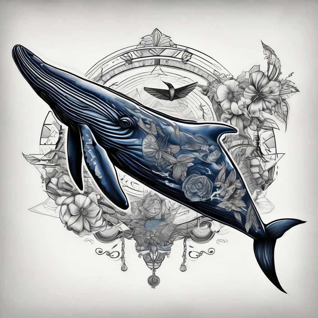 flowers, bold color, collage, blue whale, hummingbird arial-bold, diseño de tatuaje Old school generado con IA