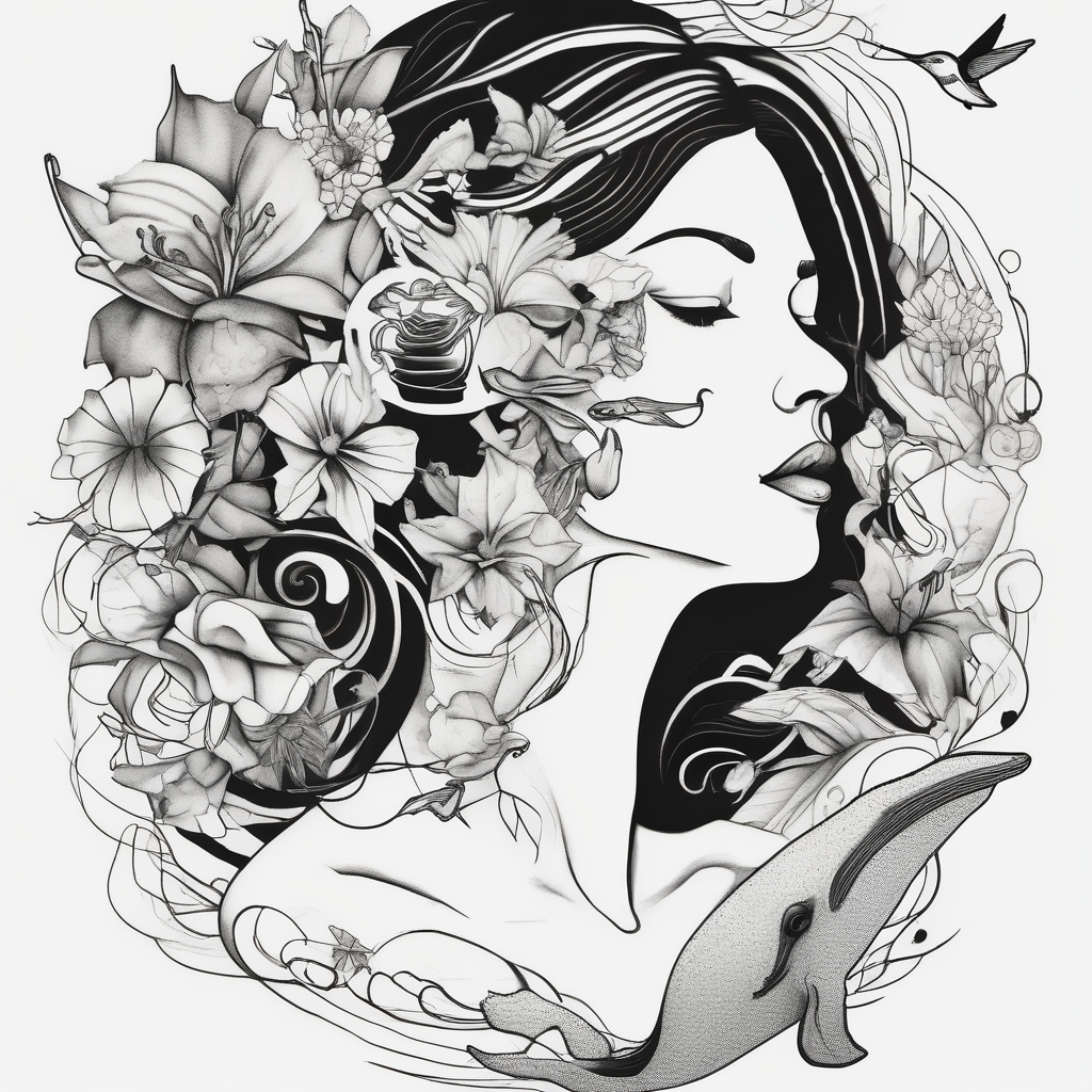 Surreal, whale, hummingbird, lady face, flowers, bold color, collage arial-bold, diseño de tatuaje Boceto generado con IA