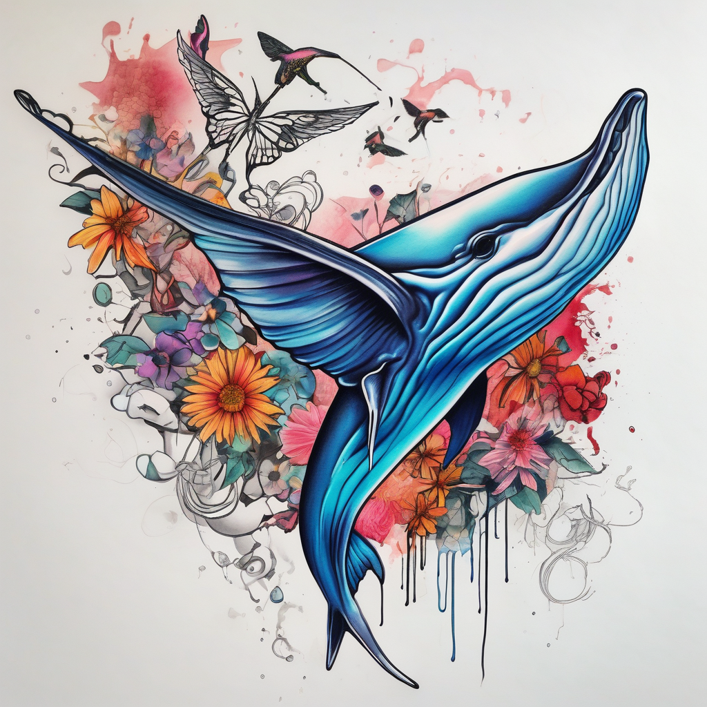 flowers, bold color, collage, blue whale, hummingbird arial-bold, diseño de tatuaje Acuarela generado con IA