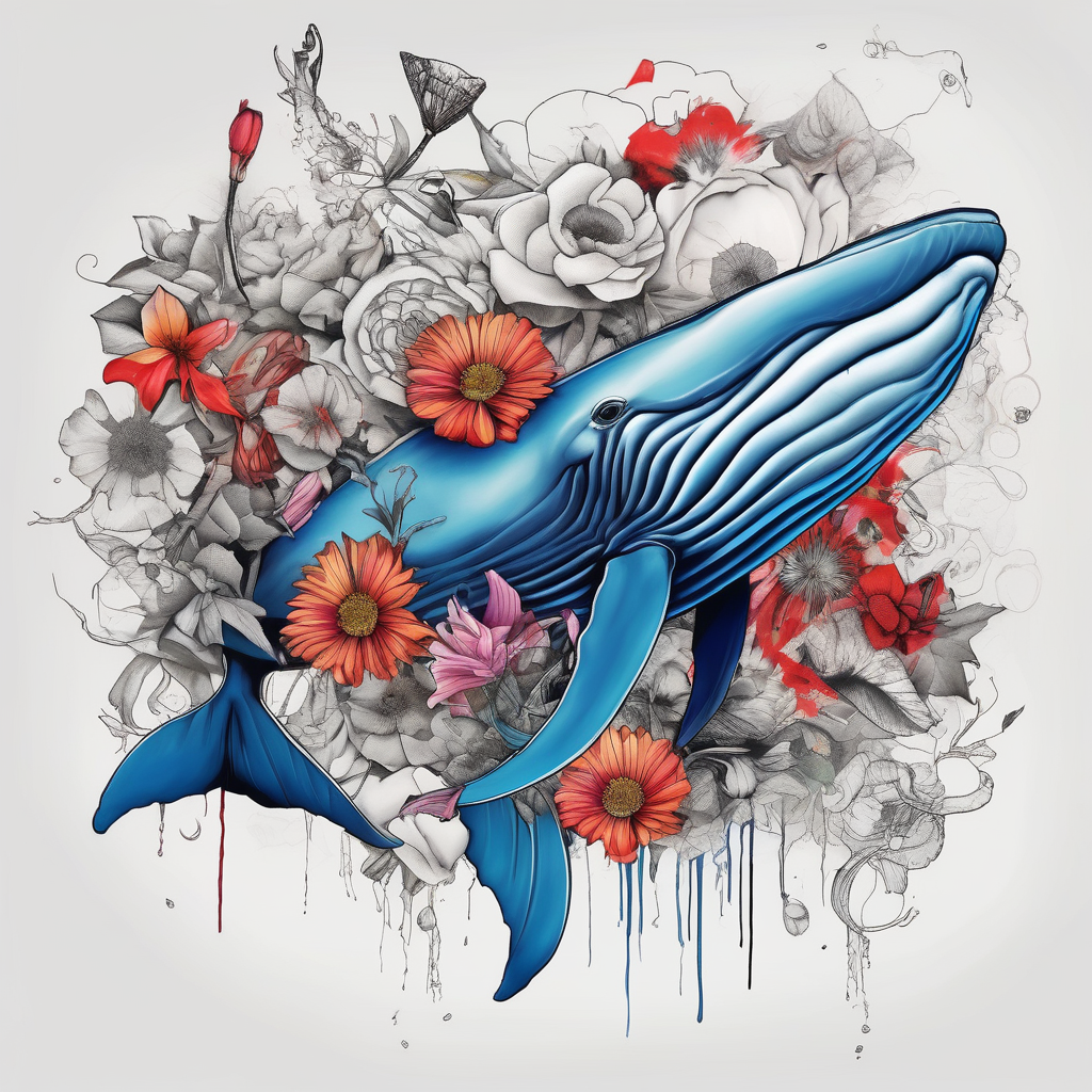 flowers, bold color, collage, blue whale arial-bold, diseño de tatuaje Acuarela generado con IA