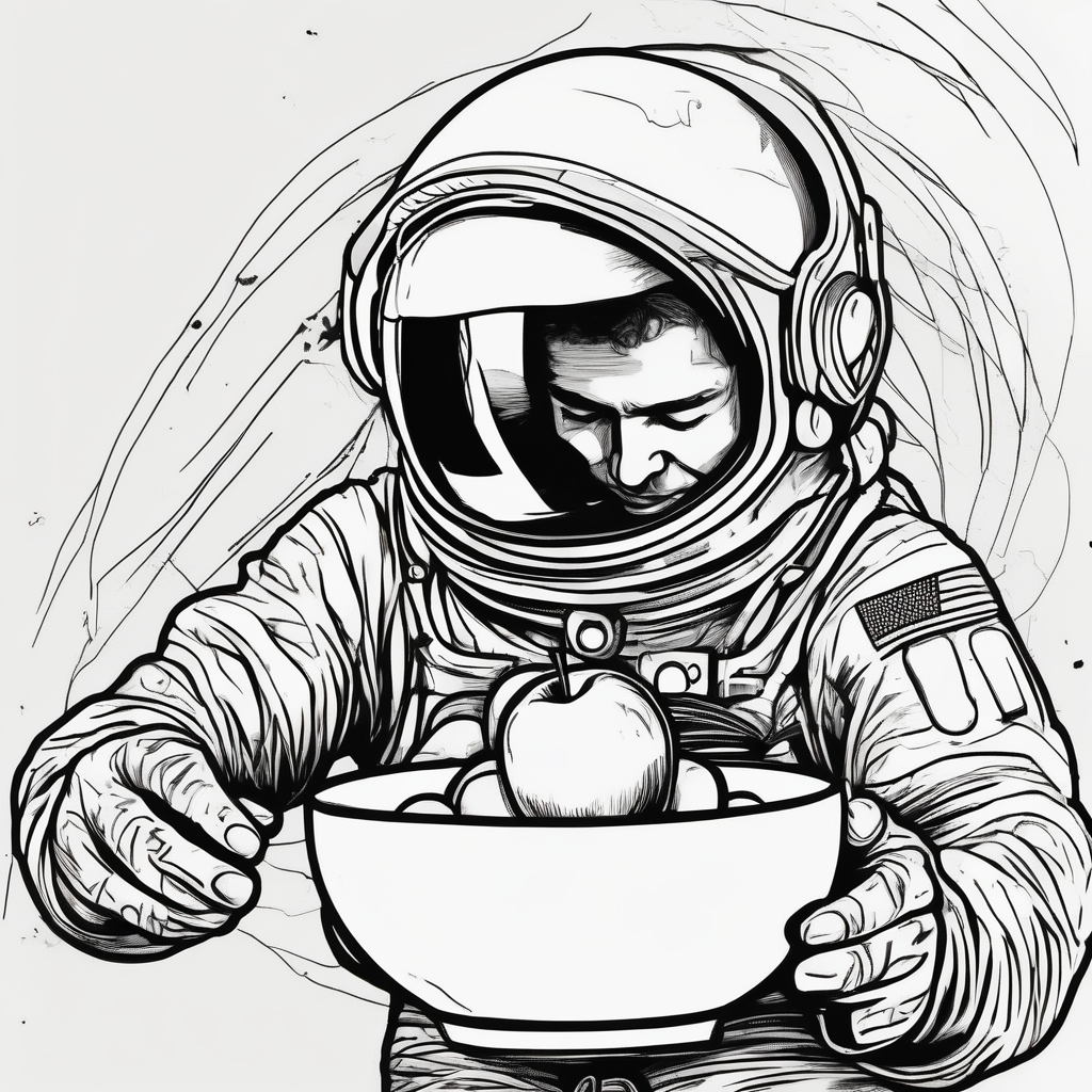astronaut picking an apple(AIが生成したスケッチスタイルのタトゥーデザイン)
