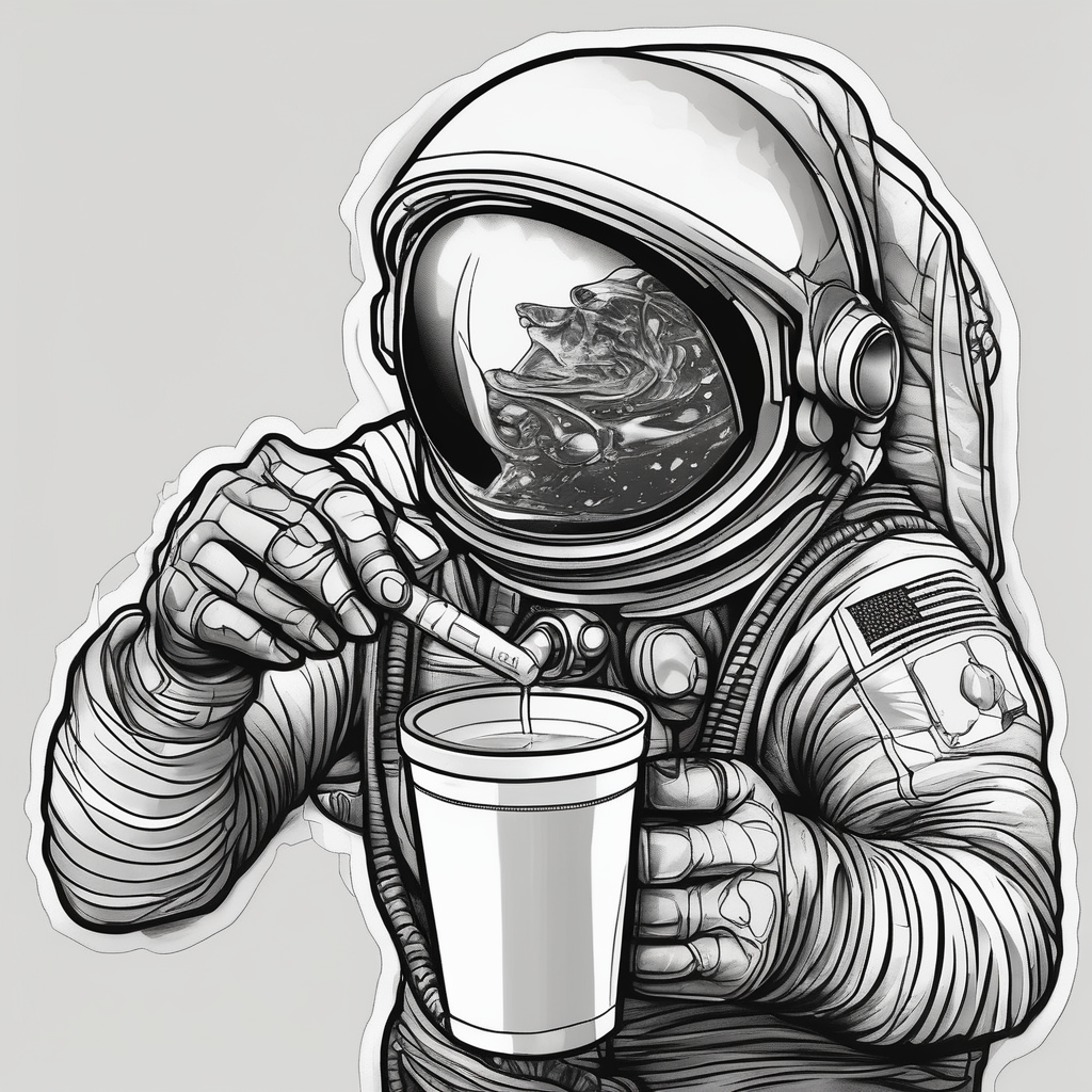 A astronaut drinking a drink with a double styrofoam cup, design de tatouage Noir et blanc généré par IA