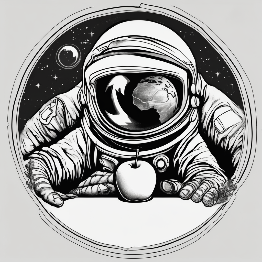 astronaut picking an apple(AIが生成した白黒スタイルのタトゥーデザイン)