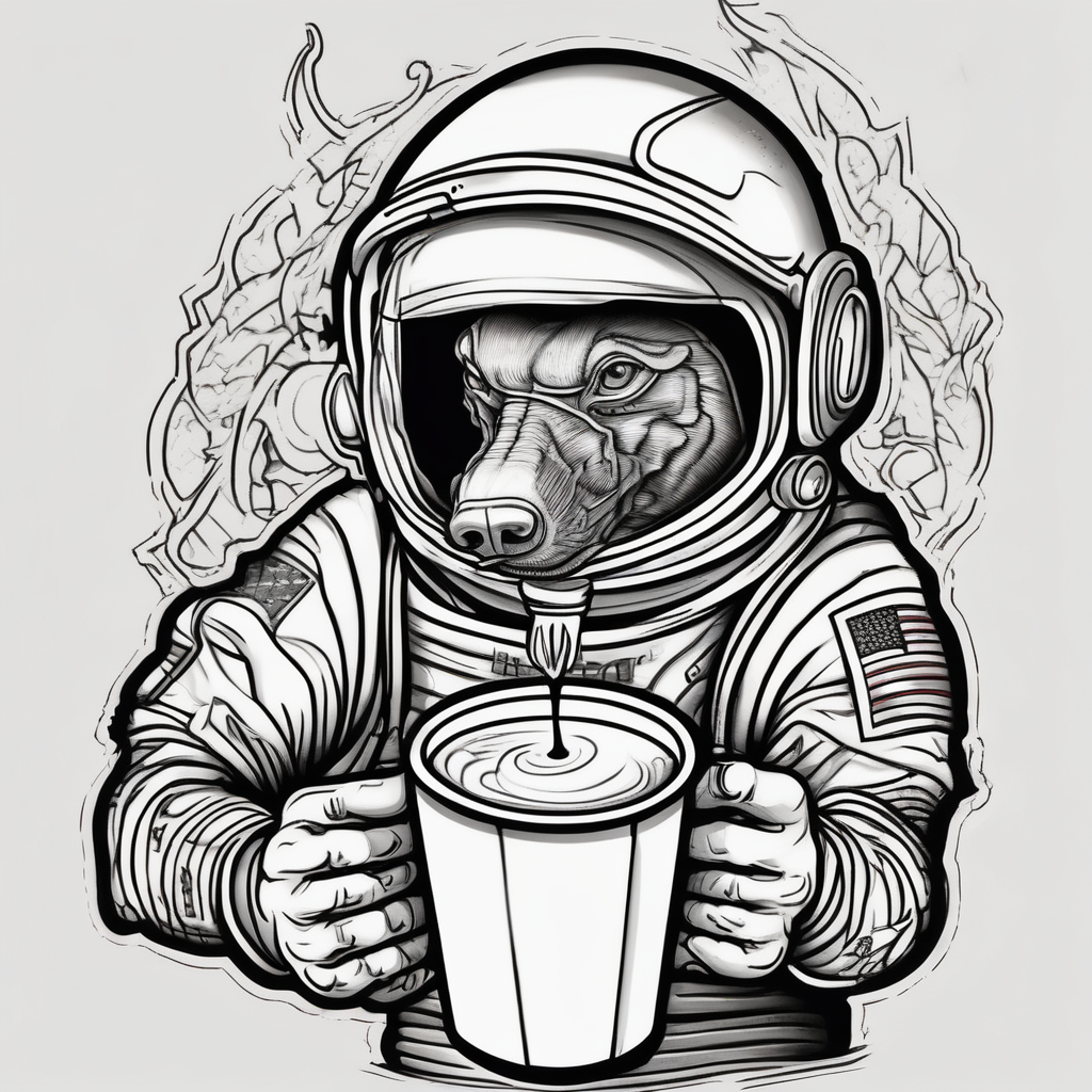 A astronaut drinking a drink with a double styrofoam cup, design de tatouage Old school généré par IA