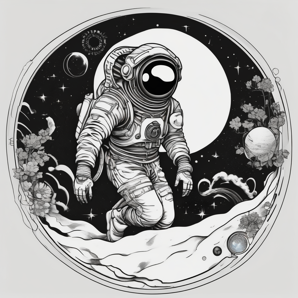 an astronaut hunched over in space from the back holding a planet in his hands, diseño de tatuaje Japonés generado con IA