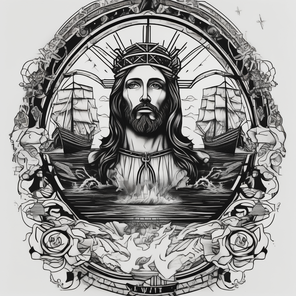Jesus saving the titanic attack-on-titan, diseño de tatuaje Blackwork generado con IA
