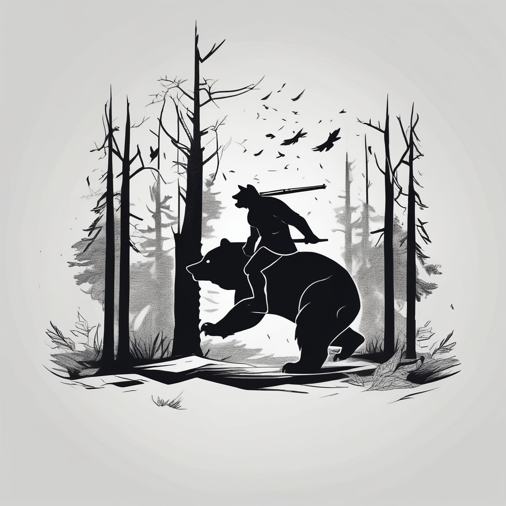 Hunter in the woods being attacked by a bear attack-on-titan, diseño de tatuaje Minimalista generado con IA