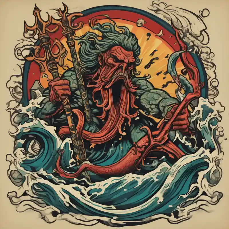 Kraken attacking Poseidon thrusting trident