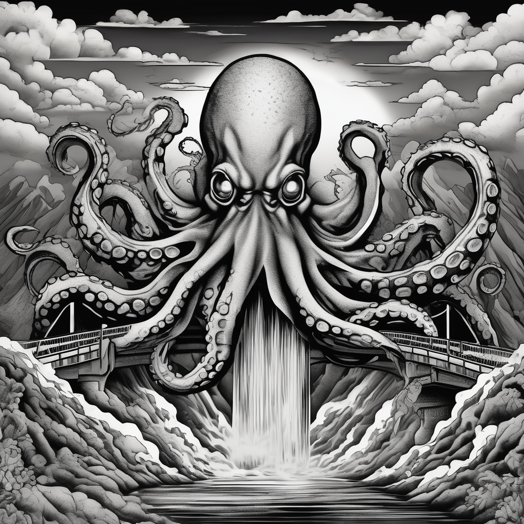 Octopus attacking a bridge with volcano in background erupting attack-on-titan, AI-generated Black and White tattoo design