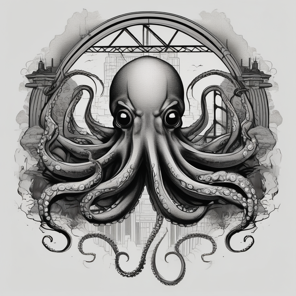 Octopus attacking bridge attack-on-titan, AI-generated Blackwork tattoo design