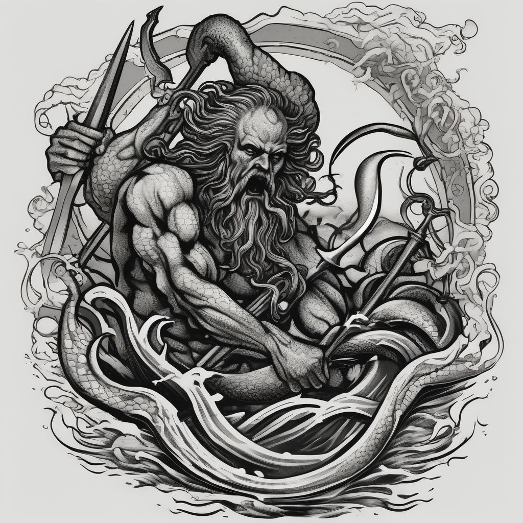 Kraken attacking Poseidon thrusting trident attack-on-titan, diseño de tatuaje Blackwork generado con IA
