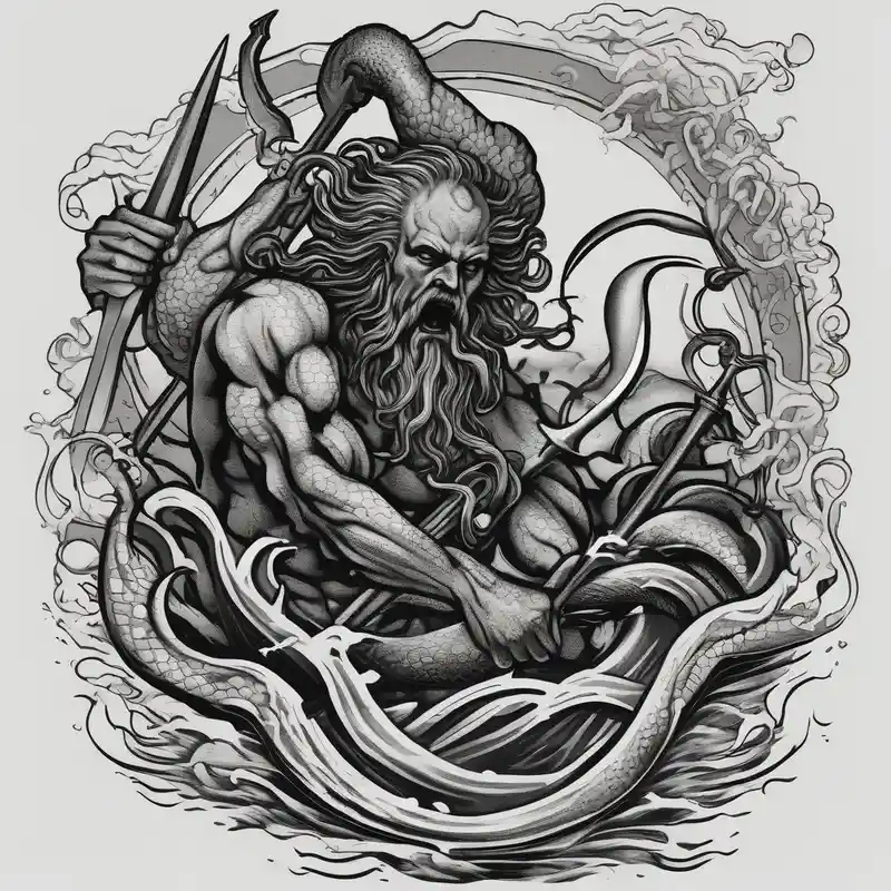 Kraken attacking Poseidon thrusting trident – Blackwork, Blanco y negro