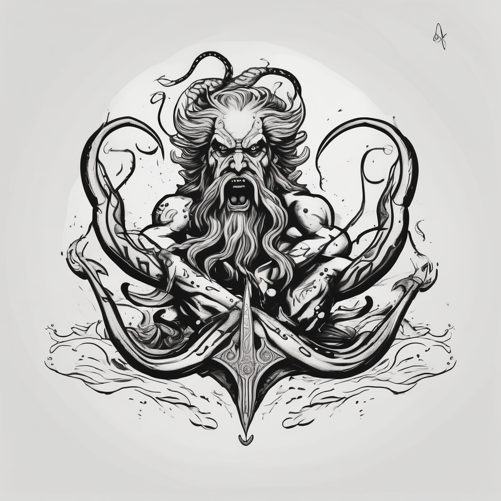 Kraken attacking Poseidon thrusting trident into monster attack-on-titan, diseño de tatuaje Minimalista generado con IA
