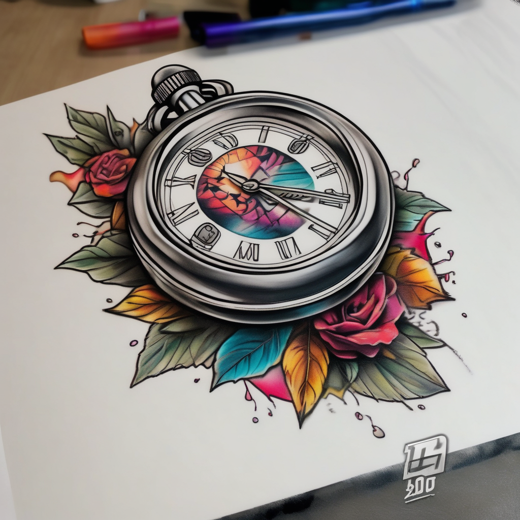 stop watch tattoo back of the palm pointing to 4:20 am back-neck, design de tatouage Réaliste généré par IA