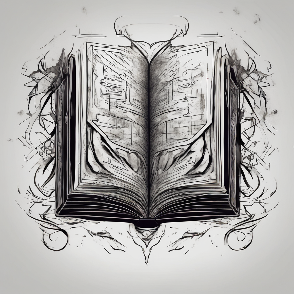 Open hard back book back-neck, design de tatouage Croquis généré par IA
