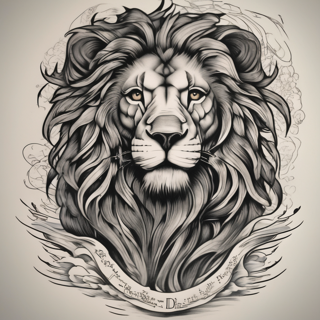 Lion with lil wave in the back the bibble verse on foream back-neck, AI-generated Realistic tattoo design