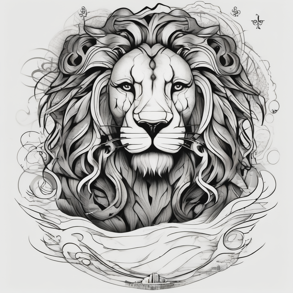 Lion with lil wave in the back the bibble verse on foream back-neck, AI-generated Surreal tattoo design