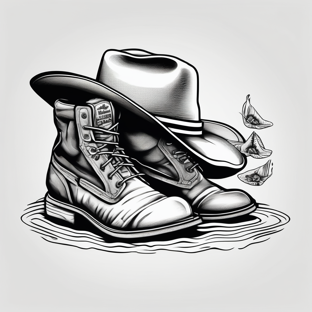 Keep it simple. A pair of timberland boots next to two flip flops and a cowboyhat on the Beach., design de tatouage Japonais généré par IA