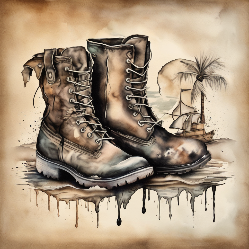 Two flip flops next to a pair of timberland boots on the Beach. ADD a cowboyhat, AI-generated Watercolor tattoo design