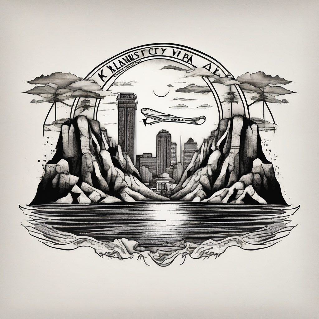 Round Travel collage with Half moon bay cliffs, mountains, Kansas city skyline and Arc de Triomphe, Jamaican beach spilled watercolor and tiny jet plane silhouette and a tiny ski boat in the water, design de tatouage Old school généré par IA